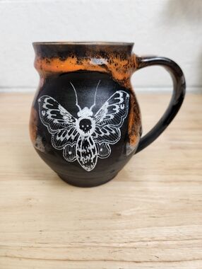 Scrimshaw Pottery Gaboury Ceramic Mug  Glossy Matte Skull Moth Gothic *Flaw
